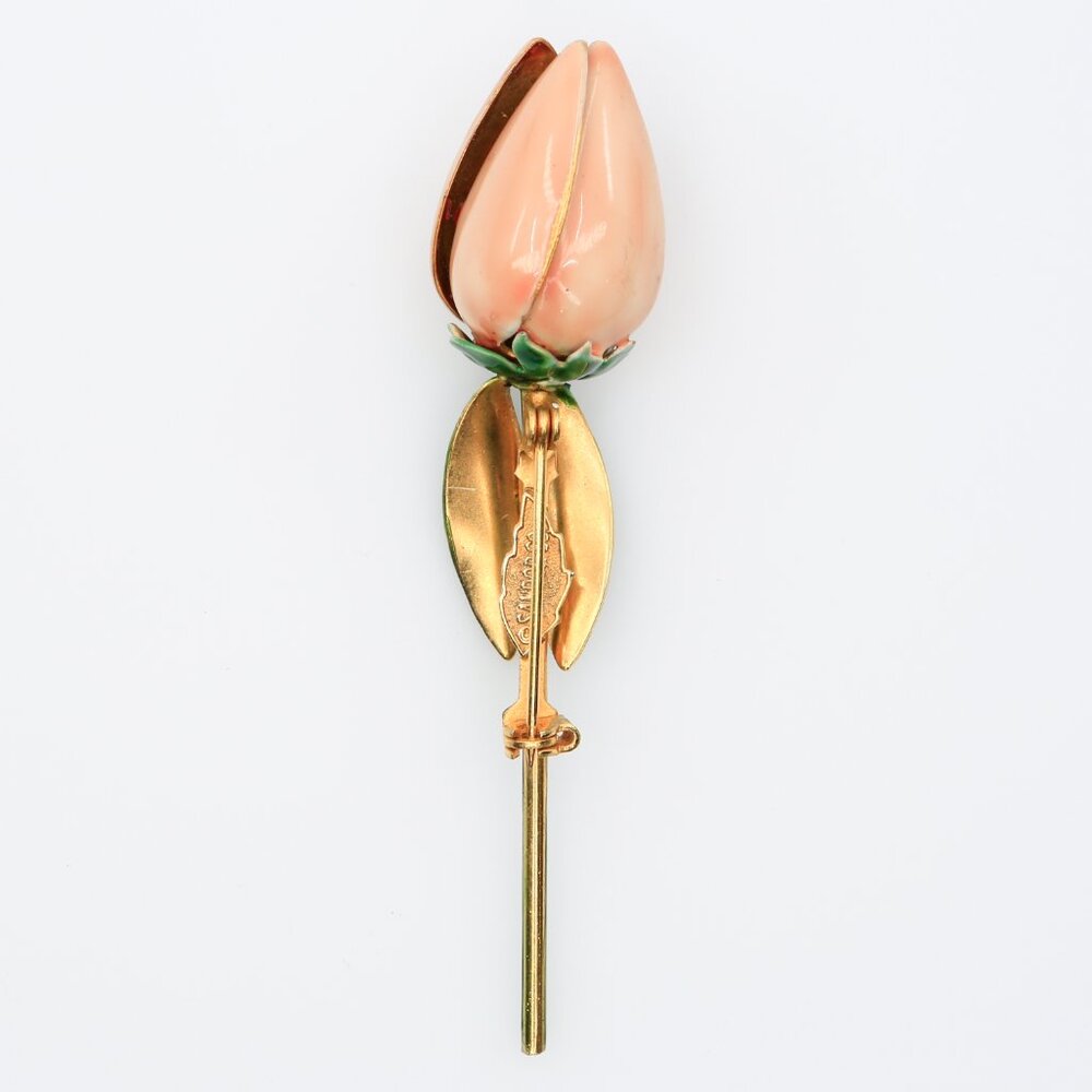 Vintage Sandor Pink Enamelled Bud Brooch With Green Sepals and Stem 1950s - Picture 2 of 4
